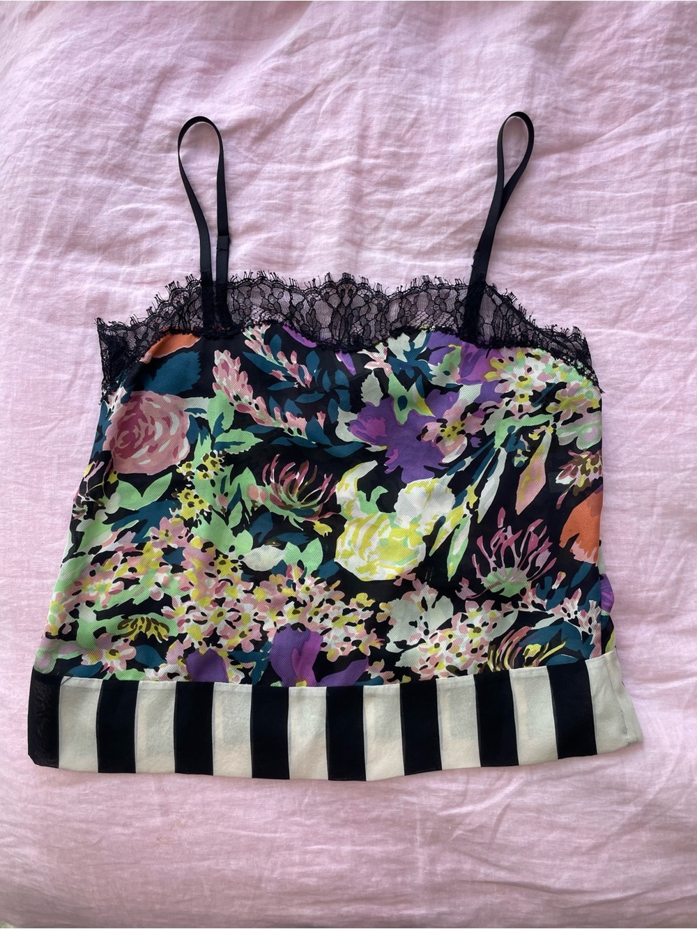 Diane Von Furstenberg Black Floral Lace-Trim Camisole with Stripes